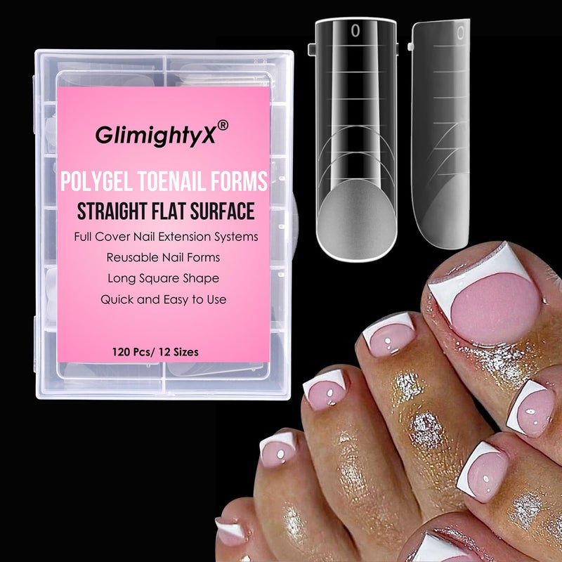 GlimightyX Straight Flat Toe Dual Forms for Polygel, Square Toenail Molds Reusable Natural,Toe Nail Tips for Polygel Builder Gel Acrylic Extension with French Guidelines,12 Sizes 120Pcs - Image 1